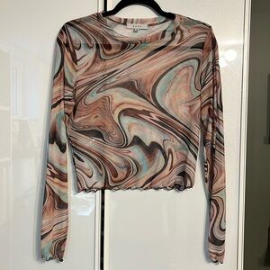 Gaze Swirl Pattern Long Sleeve Top - Brown and Blue